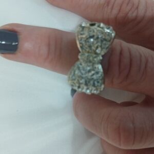 Elegant Silver Tone And Faux Diamond Bow Ring